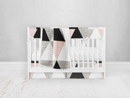 Bumperless Crib Set with Pleated Skirt Modern Rail Covers - Geo Check Pink