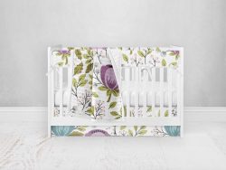 Bumperless Crib Set with Pleated Skirt Modern Rail Covers - Floral Teal Purple