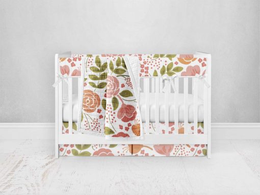 Bumperless Crib Set with Pleated Skirt Modern Rail Covers - Coral Flowers