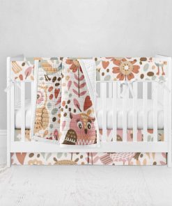 Bumperless Crib Set with Pleated Skirt Modern Rail Covers - Owl Folk