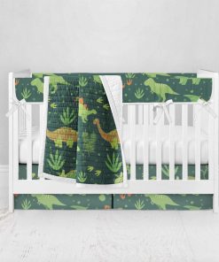 Bumperless Crib Set with Pleated Skirt Modern Rail Covers - Dino Green