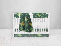 Bumperless Crib Set with Pleated Skirt Modern Rail Covers - Dino Green