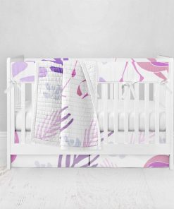 Bumperless Crib Set with Pleated Skirt Modern Rail Covers - Flamingos And Flowers