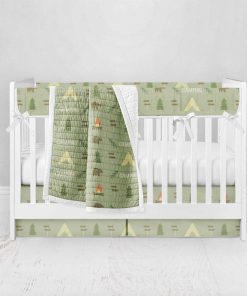 Bumperless Crib Set with Pleated Skirt Modern Rail Covers - Camping Out