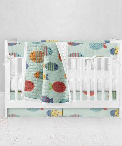 Bumperless Crib Set with Pleated Skirt Modern Rail Covers - Fish Friends