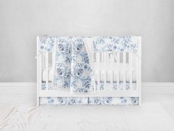 Bumperless Crib Set with Pleated Skirt Modern Rail Covers - Blue Birds Floral