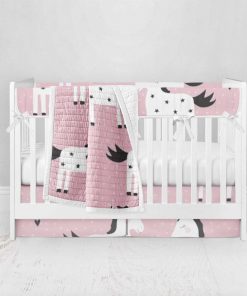 Bumperless Crib Set with Pleated Skirt Modern Rail Covers - Unicorns on Pink