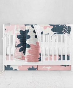 Bumperless Crib Set with Pleated Skirt Modern Rail Covers - Big Blooms