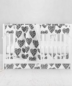 Bumperless Crib Set with Pleated Skirt Modern Rail Covers - Sketched Hearts