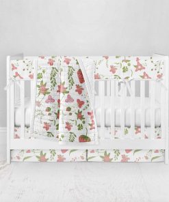 Bumperless Crib Set with Pleated Skirt Modern Rail Covers - Strawberry Sunshine