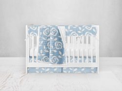 Bumperless Crib Set with Pleated Skirt Modern Rail Covers - Blue Rose