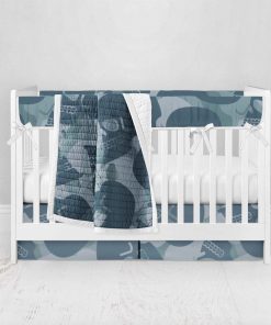 Bumperless Crib Set with Pleated Skirt Modern Rail Covers - Skull Camo Blue