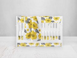 Bumperless Crib Set with Pleated Skirt Modern Rail Covers - Yellow Blossoms