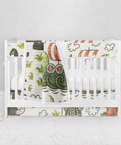 Bumperless Crib Set with Pleated Skirt Modern Rail Covers - Dragons