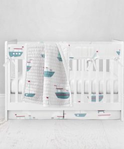 Bumperless Crib Set with Pleated Skirt Modern Rail Covers - Big Boat Small Boat
