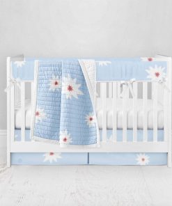 Bumperless Crib Set with Pleated Skirt Modern Rail Covers - Blue Daisies