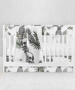 Bumperless Crib Set with Pleated Skirt Modern Rail Covers - Skull Pineapple Black & Green