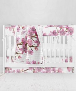 Bumperless Crib Set with Pleated Skirt Modern Rail Covers - Cherry Blossoms