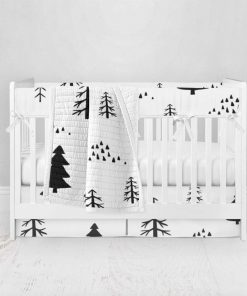 Bumperless Crib Set with Pleated Skirt Modern Rail Covers - Trees on White