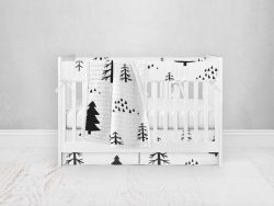 Bumperless Crib Set with Pleated Skirt Modern Rail Covers - Trees on White
