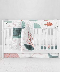 Bumperless Crib Set with Pleated Skirt Modern Rail Covers - Whale & Jellyfish