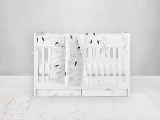 Bumperless Crib Set with Pleated Skirt Modern Rail Covers - Baby Blue Flowers