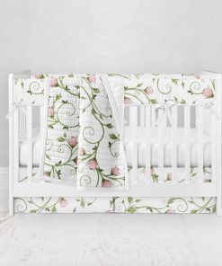 Bumperless Crib Set with Pleated Skirt Modern Rail Covers - Vine and Roses
