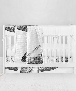 Bumperless Crib Set with Pleated Skirt Modern Rail Covers - Sketched Black & White Whales