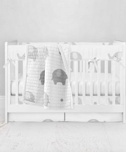 Bumperless Crib Set with Pleated Skirt Modern Rail Covers - Elephant Print Gray