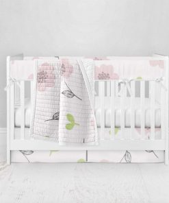 Bumperless Crib Set with Pleated Skirt Modern Rail Covers - Dainty Pink Flowers