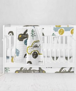 Bumperless Crib Set with Pleated Skirt Modern Rail Covers - Car Trip