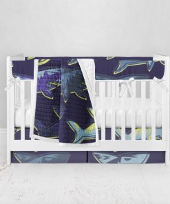 Bumperless Crib Set with Pleated Skirt Modern Rail Covers - Dark Shark