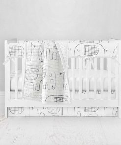 Bumperless Crib Set with Pleated Skirt Modern Rail Covers - Elephant Sketch