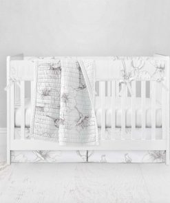 Bumperless Crib Set with Pleated Skirt Modern Rail Covers - Soft Floral Sky