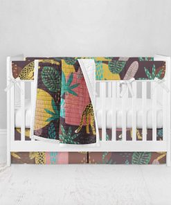 Bumperless Crib Set with Pleated Skirt Modern Rail Covers - Tropical Cheetah