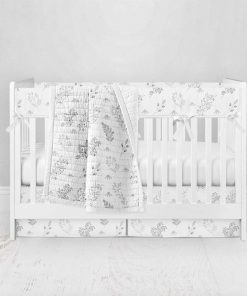 Bumperless Crib Set with Pleated Skirt Modern Rail Covers - Black White Floral