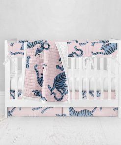 Bumperless Crib Set with Pleated Skirt Modern Rail Covers - Blue & Pink Tigers