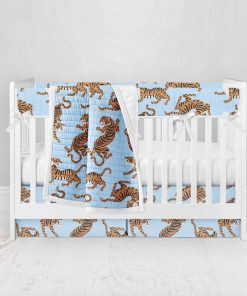 Bumperless Crib Set with Pleated Skirt Modern Rail Covers - Blue & Yellow Tigers