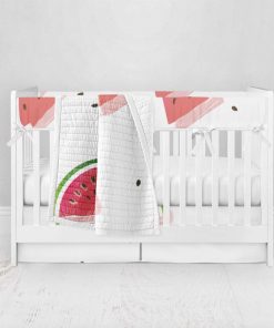 Bumperless Crib Set with Pleated Skirt Modern Rail Covers - Watermelon Slices & Seeds