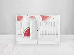 Bumperless Crib Set with Pleated Skirt Modern Rail Covers - Watermelon Slices & Seeds