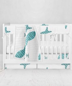 Bumperless Crib Set with Pleated Skirt Modern Rail Covers - Two Blue Fish