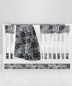 Bumperless Crib Set with Pleated Skirt Modern Rail Covers - Baby Black Blooms