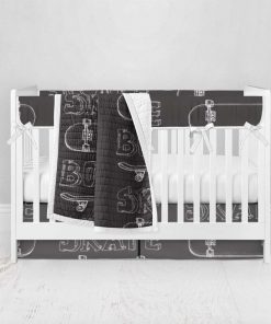 Bumperless Crib Set with Pleated Skirt Modern Rail Covers - Skateboard Sketch Black