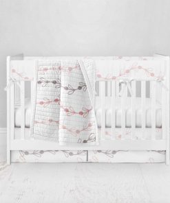 Bumperless Crib Set with Pleated Skirt Modern Rail Covers - Big Pink Vines