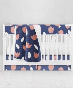Bumperless Crib Set with Pleated Skirt Modern Rail Covers - Tulip on Blue