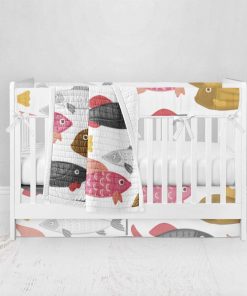 Bumperless Crib Set with Pleated Skirt Modern Rail Covers - Small Fish