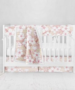 Bumperless Crib Set with Pleated Skirt Modern Rail Covers - Peachy Bloom