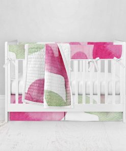 Bumperless Crib Set with Pleated Skirt Modern Rail Covers - Watercolor Heart Flowers