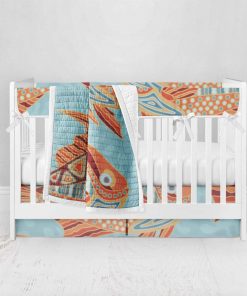 Bumperless Crib Set with Pleated Skirt Modern Rail Covers - Fancy Fish