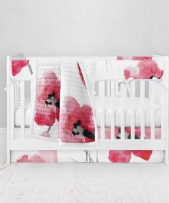Bumperless Crib Set with Pleated Skirt Modern Rail Covers - Watercolor Poppy